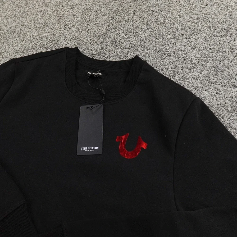 NEW True‎ Religion Sweatshirt Mens L Black Buddha Logo Pullover Crewneck Sweater